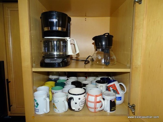 (KIT) CABINET LOT; CONTENTS OF 2 SHELVES- COFFEE MUGS AND BLACK AND DECKER COFFEE MAKER