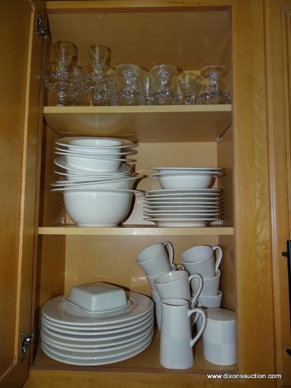 (KIT) CABINET LOT OF CHINA AND STEMWARE; 3 SHELF LOT OF 8 PC. PLACE SETTING OF NAUTICA CHINA