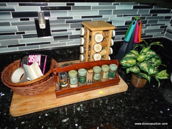 (KIT) MISC.. LOT; LOT INCLUDES OAK CUTTING BOARD, 2 SPICE RACKS WITH SPICES, 2 BASKETS, ARTIFICIAL