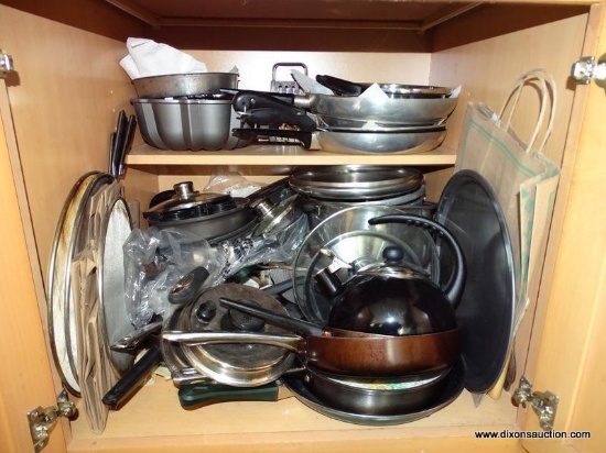 (KIT) CABINET LOT; 2 SHELVES OF MISC.. COOKWARE-CUISINART AND OTHERS