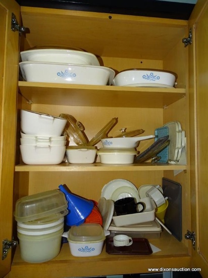 (KIT) 3 SHELF CABINET LOT; LOT INCLUDES LARGE AMOUNT OF CORNING WARE BAKING DISHES AND PLASTIC