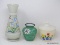 (LEFT WALL) SHELF LOT; LOT INCLUDES HAND PAINTED BRISTOL GLASS VASE- 10 IN H, GREEN VASE WITH