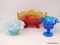 (LEFT WALL) SHELF LOT OF GLASS; LOT INCLUDES 3 PCS. OF GLASS- COBALT FLUTED EDGE CANDY DISH- 5 IN