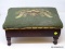 (LEFT WALL) EMPIRE STOOL; ANTIQUE MAHOGANY EMPIRE STOOL WITH NEEDLEPOINT SEAT- 16 IN X 10 IN X 9 IN.