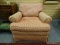 (LEFT WALL) ARM CHAIR; STRIPED UPHOLSTERED ARM CHAIR, SHOWS WEAR ON ARMS- 36 IN X 40IN X 35 IN