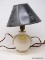 (LEFT WALL) VINTAGE LAMP; VINTAGE VANITY LAMP WITH PAPER SHADE- 13 IN H