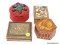 (LEFT WALL) 4 TRINKET BOXES; MAHOGANY MIDDLE EASTERN INLAID TRINKET BOX- 4 IN X 4 IN, MIDDLE EASTERN