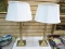 (LEFT WALL) PR. LAMPS; PR. OF BRASS LAMPS WITH CLOTH SHADES- 26 IN H.