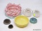 (LEFT WALL) MISC.. LOT; LOT INCLUDES FLAMINGO MOTIF FLOWER BOWL- 7 IN DIA., 3 FLOWER FROGS, 2