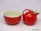 (LEFT WALL) HALL CHINA; 2 PCS. OF MATCHING RED HALL CHINA- 9 IN DIA. MIXING BOWL AND 7 IN H. BALL