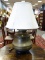 (R1) LAMP; ANTIQUE ORIENTAL BRASS DOVETAILED VASE MADE INTO A LAMP RESTING ON A ROSEWOOD BASE, WITH