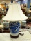 (R1) LAMP; ORIENTAL BLUE AND WHITE GINGER JAR LAMP WITH CLOTH SHADE ON ROSEWOOD BASE- 26 IN H.