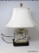 (R1) ORIENTAL LAMP; PAINTED DECORATED PORCELAIN ORIENTAL LAMP ON ROSEWOOD BASE WITH CLOTH SHADE- 22