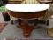 (R1) DEMILUNE TABLE; 19TH CEN. MAHOGANY EMPIRE MARBLE TOP DEMILUNE TABLE WITH ACANTHUS LEAF CARVED