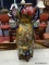 (R1) ORIENTAL VASE; TALL SATSUMA VASE WITH APPLIED FIGURES ON ROSEWOOD STAND- NO SIGHTED DAMAGE- 25