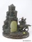(R1) ART DECO LAMP; ANTIQUE ART DECO LAMP OF KNIGHT AND CASTLE RESTING ON FAUX MARBLE BASE WITH SLAG