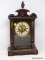 (R2) ANTIQUE MANTEL CLOCK; ANTIQUE VICTORIAN MAHOGANY MANTEL CLOCK WITH BRASS AND CELLULOID DIAL AND