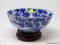 (LEFT WALL) ANTIQUE ORIENTAL BOWL ON STAND; ANTIQUE BLUE CANTON ORIENTAL BOWL ON ROSEWOOD STAND-