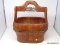 (LEFT WALL) ORIENTAL BUCKET; WOODEN ORIENTAL CARVED HANDLE BUCKET- 16 IN X 10 IN 18 IN