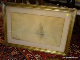 (LEFT WALL) FRAMED WATERCOLOR; FRAMED AND MATTED WATERCOLOR OF SAILBOATS BY R. BAUD IN VINTAGE GOLD