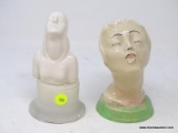 (LEFT WALL) FEMALE BUST STATUES; 2 FEMALE PORCELAIN BUST STATUES- IVORY AND GREEN- 7 IN H AND WHITE