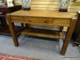 (LEFT WALL) MISSION LIBRARY TABLE; ANTIQUE MISSION OAK LIBRARY TABLE WITH 1 DRAWER AND LOWER SHELF,