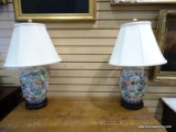 (LEFT WALL) PR. OF ROSE MANDARIN LAMPS; PR. OF ROSE MANDARIN ORIENTAL GINGER JAR STYLE LAMPS ON