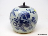 (LEFT WALL) ORIENTAL MELLON JAR; BLUE CANTON FOO DOG DESIGN MELLON JAR WITH ROSEWOOD LID- 10 IN H