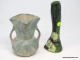 (LEFT WALL) 2 POTTERY VASES; UNMARKED WELLER DOGWOOD VASE- 9 IN H AND GREEN AND WHITE 2 HANDLED