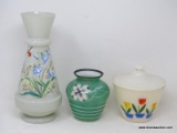 (LEFT WALL) SHELF LOT; LOT INCLUDES HAND PAINTED BRISTOL GLASS VASE- 10 IN H, GREEN VASE WITH