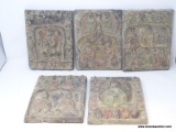 (LEFT WALL) TERRACOTTA TILES; 5 ORIENTAL TERRACOTTA TILES DEPICTING PRIESTS AND PRIESTESS- 7 IN X 10