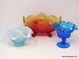 (LEFT WALL) SHELF LOT OF GLASS; LOT INCLUDES 3 PCS. OF GLASS- COBALT FLUTED EDGE CANDY DISH- 5 IN