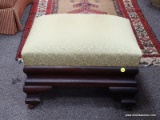 (LEFT WALL) FOOT STOOL; ANTIQUE MAHOGANY OGEE EMPIRE FOOTSTOOL WITH CLEAN UPHOLSTERY- 22 IN X 17 IN