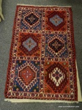 (LEFT WALL) ORIENTAL RUG; HAND WOVEN HAMADAN ORIENTAL RUG IN RED BLUE AND IVORY GEOMETRIC PATTERNS-