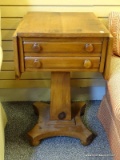 (LEFT WALL) EMPIRE DROPSIDE TABLE; ANTIQUE EMPIRE PINE 2 DRAWER DROPSIDE STAND RESTING ON PEDESTAL