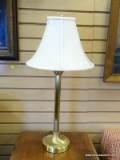 (LEFT WALL) LAMP; BRASS LAMP WITH CLOTH SHADE- 26 IN H.