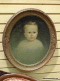 (LEFT WALL) 19TH CEN OIL PORTRAIT; FRAMED 19TH CEN OIL ON CANVAS PORTRAIT OF A CHILD OVAL GOLD AND