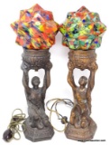 (LEFT WALL) PR. OF ART DECO LAMPS; PR OF SMELTER ART DECO LAMPS WITH MULTICOLOR SHADES (SHADES NOT