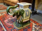 (LEFT WALL) ELEPHANT STAND; ORIENTAL GLAZED POTTERY ELEPHANT PLANT STAND- 23 IN X 9 IN X 23 IN