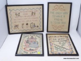 (LEFT WALL) FRAMED CROSS STITCH; 4 CROSS STITCHED ITEMS IN BLACK FRAMES- 15 IN X 12 IN , 3 - 9.5 IN