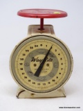 (LEFT WALL) VINTAGE SCALES; VINTAGE KITCHEN SCALES- 9.5 IN H