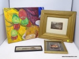 (LEFT WALL) PICTURE LOT; 4 PICTURES- OIL ON CANVAS UNFRAMED OF FRUIT- 17 IN X 14 IN, MATTED AND