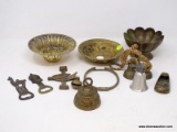 (LEFT WALL) MISC.. BRASS ITEMS; BRASS LOT INCLUDE- BELLS, 3 IN H. DISH, SHOE ASHTRAY, FISH WALL