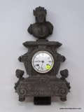 (LEFT WALL) ANTIQUE CLOCK; ANTIQUE EGYPTIAN MOTIF METAL CLOCK WITH BUST OF DANTE- EGYPTIAN BUSTS ON