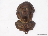 (LEFT WALL) ANTIQUE MATCH HOLDER; ANTIQUE COPPER TONED JENNY LIND WALL MATCH HOLDER- 4 IN H