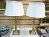 (LEFT WALL) PR. LAMPS; PR. OF BRASS LAMPS WITH CLOTH SHADES- 26 IN H.