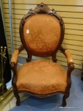 (LEFT WALL) VICTORIAN CHAIR; 19TH CEN. WALNUT VICTORIAN GENTLEMAN'S CHAIR- CARVED CREST, KNEES AND