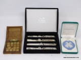 (LEFT WALL) MISC.. LOT; LOT INCLUDES 4 BOMBAY SILVER PLATED CHEESE KNIVES IN VELVET BOX, WEDGEWOOD