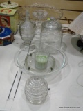 (LEFT WALL) GLASS LOT; LOT INCLUDES HONEY JAR- BROKEN BEE WING- 5 IN H., PYREX BOWL - 9 IN. DIA.,