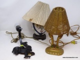 (LEFT WALL) 3 LAMPS; DECO METAL PAINTED LAMP WITH BEADED SHADE- 12 IN H, ORIENTAL LAMP ON ROSEWOOD